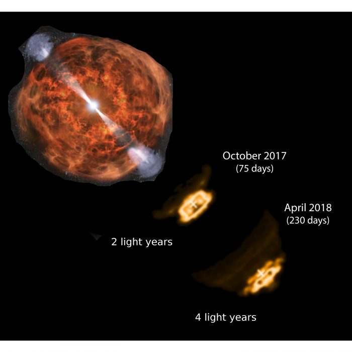 As the jet from the neutron-star merger event emerged into space, simulated radio images in this artist's conception illustrate its extremely fast motion.