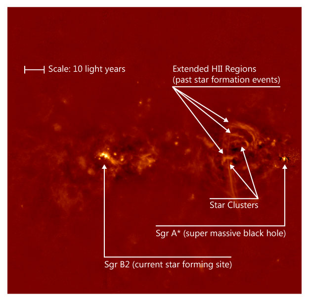 image showing the inner ~300 light years of our Galactic Center using the MUSTANG receiver at 3mm (PI Adam Ginsburg, data reduction by Simon Dicker and the GBT MUSTANG team). These observations show how dynamic (and dusty!) the center of our Galaxy is and how the GBT can recover the faint dust emission located in this distant part of the Galaxy.